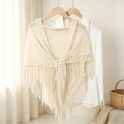 Women Fashion Knitted Hollow Fringe Triangular Scarf Shawl Casual Lazy Style Cardigan Outerwear Wrap