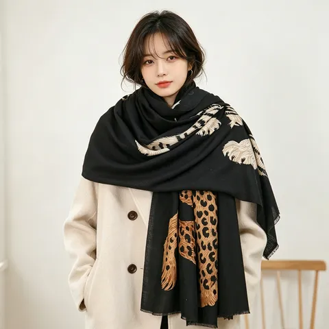 Women Fashion Leopard Print Scarf Polyester Soft Warm Winter Shawl European Street Style Long Neck Scarf