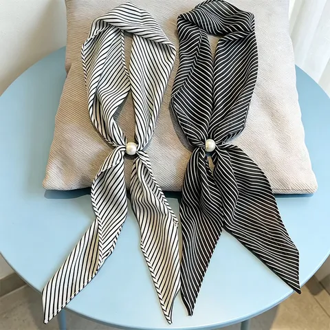 French Style Striped Long Scarf With Pearl Accent Elegant Ribbon Bandana For Hair Bag And Waist Women Fashion Accessories