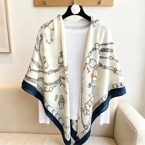Fashion Women Cotton Linen Square Scarf Equestrian Chain Print Shawl Travel Sun Protection Beach Wrap Elegant