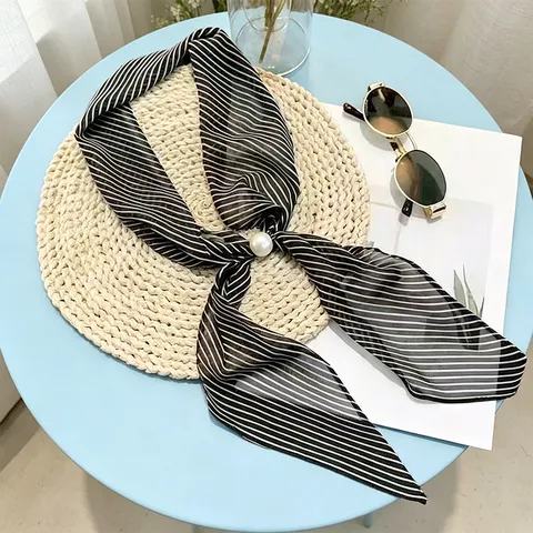 French Style Striped Long Scarf With Pearl Accent Elegant Ribbon Bandana For Hair Bag And Waist Women Fashion Accessories