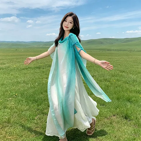 New Chinese Style Gradient Shawl Women Ethnic Sun Protection Scarf Versatile Beach Towel Travel Photography Wrap