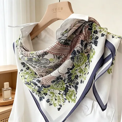 Women's Silk Scarf Square Botanical Floral Print Neck Scarf Fashion Versatile Lightweight Daily Sun Protection Scarf