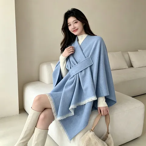 Women Winter Warm Imitation Cashmere Shawl Solid Color Tassel Split Cape Poncho Elegant Outerwear Scarf