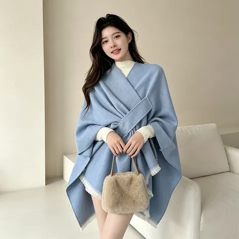 Women Winter Warm Imitation Cashmere Shawl Solid Color Tassel Split Cape Poncho Elegant Outerwear Scarf