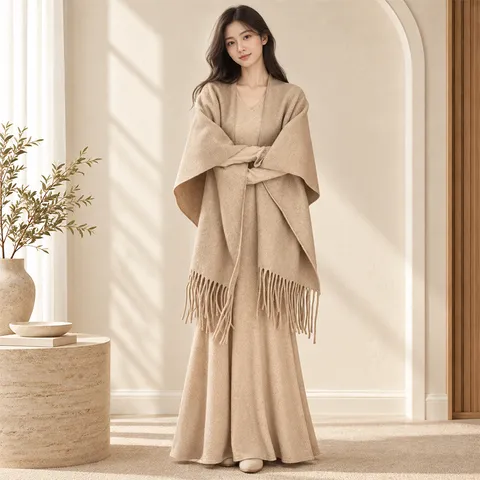 Chal Elegante de Punto de Color Sólido Con Borlas para Mujer Capa Cálida de Poliéster Pashmina Bufanda Envolvente Poncho Cárdigan Casual