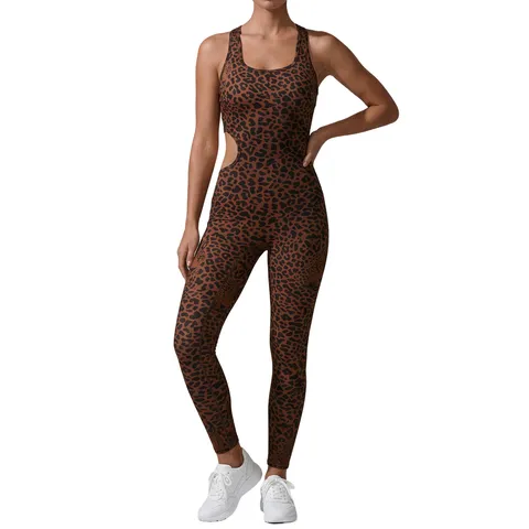 Women Leopard Print Yoga Jumpsuit Long Pants High Elastic Quick Dry Activewear Unitard With Chest Pad Racerback Fitness Jumpsuit