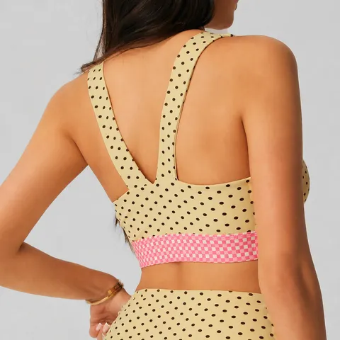 Dames Polka Dot Vierkante Hals Sportbeha Hoge Impact Schokbestendig Yoga Vest Top Met Contrast Ruitjes Zoom Voor Fitness Pilates