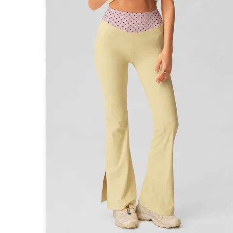 Women High Waist Polka Dot Patchwork Yoga Flare Pants Nude Feel Tummy Control Slimming Sports Leggings With Slit Hem Casual Athletic Trousers
