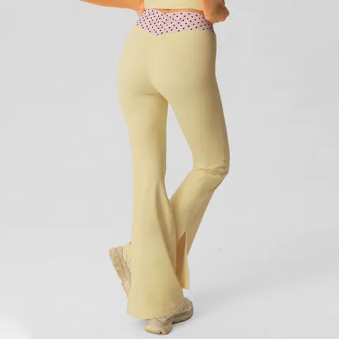 Women High Waist Polka Dot Patchwork Yoga Flare Pants Nude Feel Tummy Control Slimming Sports Leggings With Slit Hem Casual Athletic Trousers