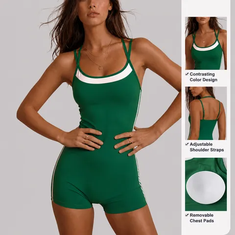 Women Halter Neck Backless Yoga Unitard Contrast Patchwork Slim Fit One Piece Bodysuit Fitness Athletic Jumpsuit Workout Romper