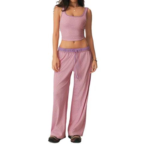 Conjunto de Yoga Informal con Lunares para Mujer Camiseta de Tirantes Corta Slim Fit y Pantalones de Pata Ancha Ropa Deportiva de Nailon