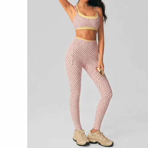 Women's Contrast Polka Dot Yoga Set Faux Two-Piece Sports Bra And High Waist Leggings Fitness Running Cycling Top And Bottom