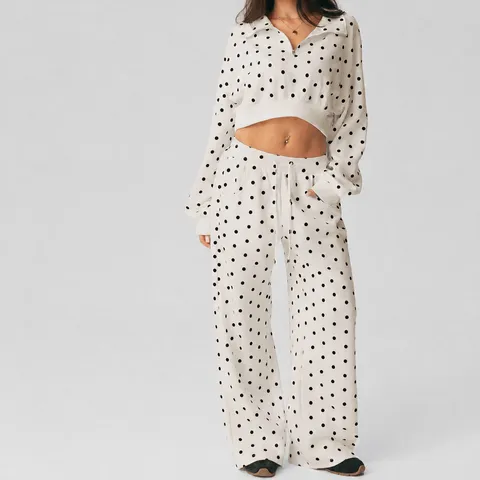 Dames Polka Dot Lounge Set Casual Sportief Opstaande Kraag Rits Top En Bottom Hoge Taille Wijde Pijpen Broek Bedrukte French Terry Trainingspak