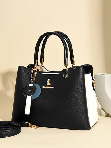 Donne Pelle PU Borsa a Mano Moda Blocco di Colore Borsa Satchel Borsa Tote Casual con Ciondolo a Cuore