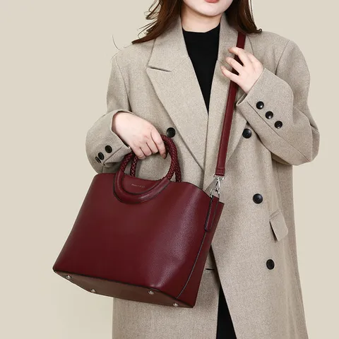 Borsa Tote in Pelle PU da Donna Moda Manico Tessuto Grande Capacità Secchiello Casual Borsa a Tracolla Set di Due Pezzi