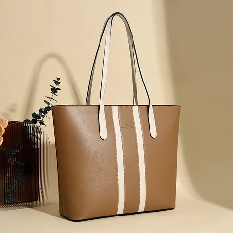 Borsa Tote in Ecopelle PU di Grande Capacità da Donna Vintage Retro Borsa a Tracolla Commuter Striscia a Contrasto Borsa Casual