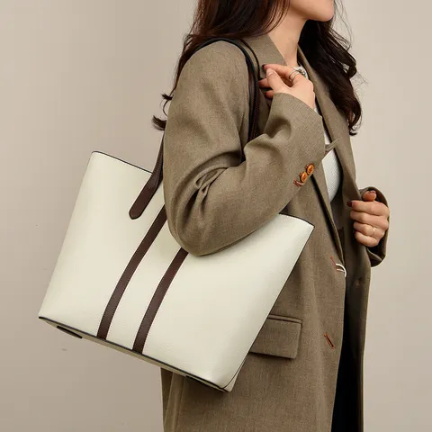 Borsa Tote in Ecopelle PU di Grande Capacità da Donna Vintage Retro Borsa a Tracolla Commuter Striscia a Contrasto Borsa Casual