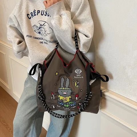 Borsa Tote in Tela di Grande Capacità Per Donne Carino Ricamo Coniglio Cartone Animato Borsa Casual Borsa a Tracolla