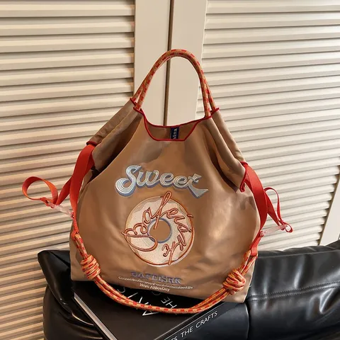 Borsa Tote Grande da Donna in Nylon con Ricamo Giapponese Casual
