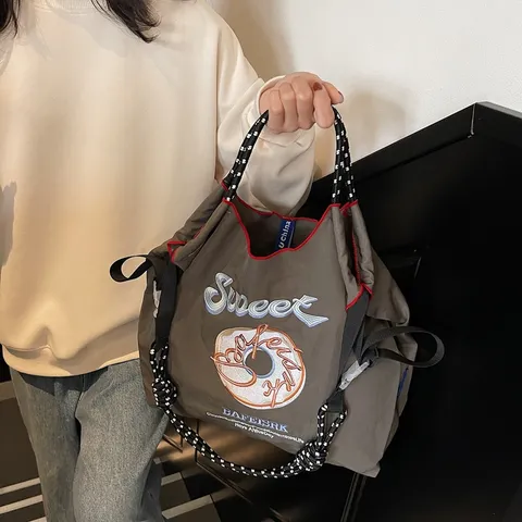Borsa Tote Grande da Donna in Nylon con Ricamo Giapponese Casual