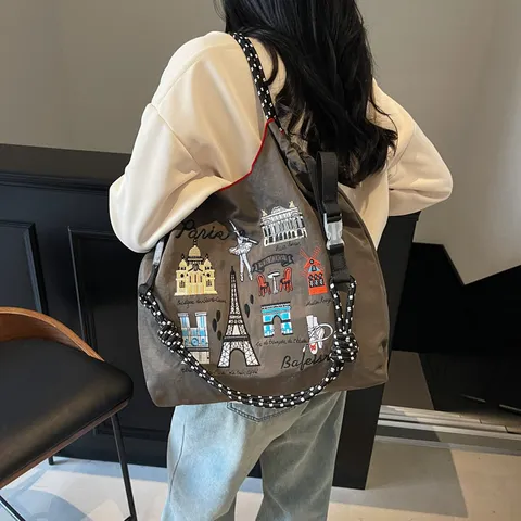 Borsa Tote in Nylon di Grande Capacità da Donna Borsa a Tracolla Casual Ricamo Monumenti di Parigi Borsa Spesa Ecologica