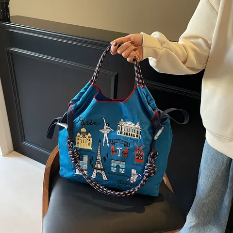 Borsa Tote in Nylon di Grande Capacità da Donna Borsa a Tracolla Casual Ricamo Monumenti di Parigi Borsa Spesa Ecologica