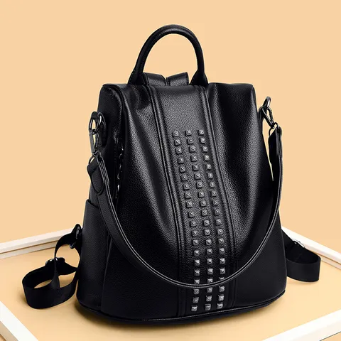 Zaino Anti-Furto in Pelle PU Moda Donna Viaggio Casual Borsa Scolastica Abbinamento Colori Rivetto