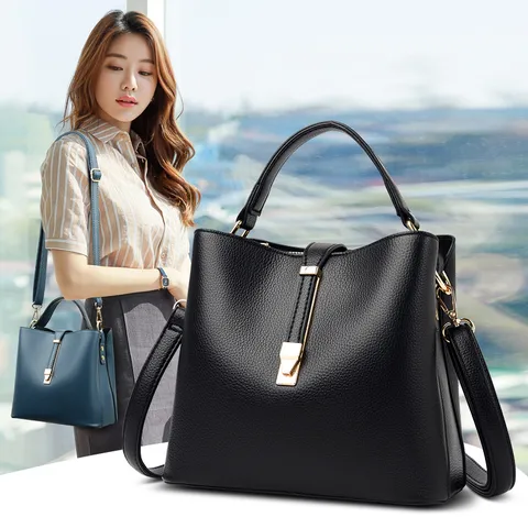 Borsa a Secchiello in Pelle PU di Grande Capacità da Donna Borsa a Tracolla Casual Vintage con Chiusura Metallica
