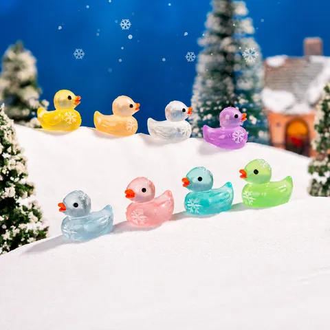 Christmas Miniature Resin Snowflake Duck Ornaments Luminous Glow Cute Animal Figurine DIY Craft Micro Landscape Accessories