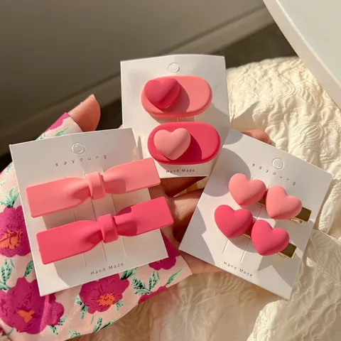 Korean Style Pink Floral Heart Bow Hair Clip Sweet Cute Resin Alloy Duckbill Hairpin Hair Accessories For Women