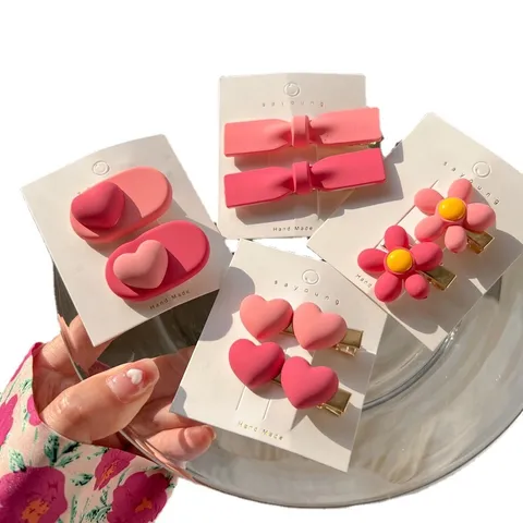 Korean Style Pink Floral Heart Bow Hair Clip Sweet Cute Resin Alloy Duckbill Hairpin Hair Accessories For Women