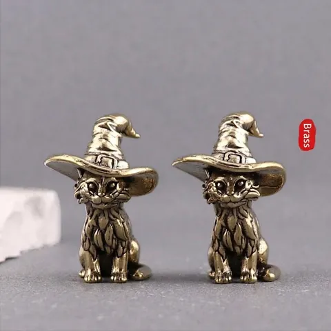 Vintage Pure Brass Magic Cat Figurine Antique Wizard Hat Cat Desk Ornament Small Brass Animal Statue For Home Office Decoration