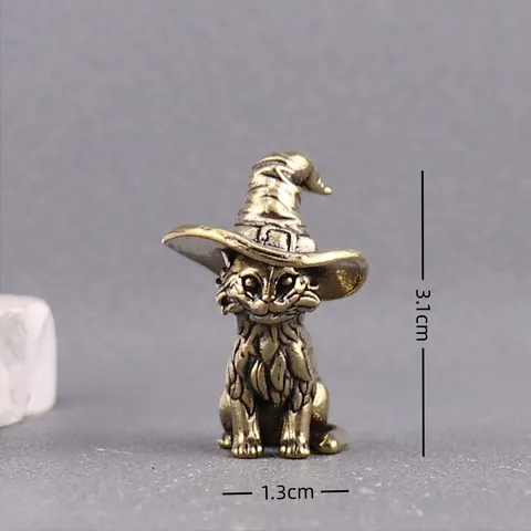 Vintage Pure Brass Magic Cat Figurine Antique Wizard Hat Cat Desk Ornament Small Brass Animal Statue For Home Office Decoration