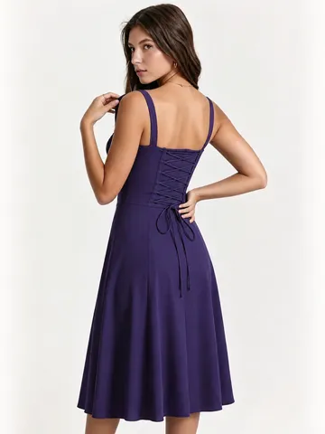 Women Sexy Low Cut Lace Up Backless Midi Dress Polyester Blend Solid Color Slim Fit Elegant Cocktail Party Resort Wear