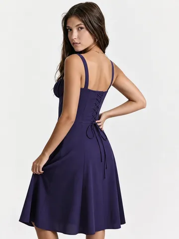 Women Sexy Low Cut Lace Up Backless Midi Dress Polyester Blend Solid Color Slim Fit Elegant Cocktail Party Resort Wear