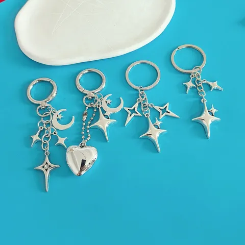 Alloy Four-Pointed Star Moon Keychain Rhinestone Star Moon Bag Charm Y2K Style DIY Metal Key Ring Phone Strap Accessories