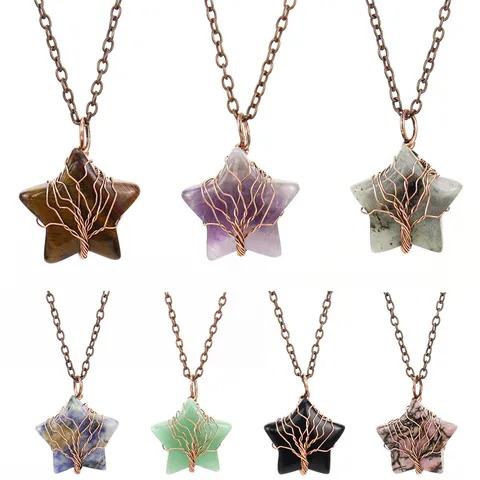Natural Agate Crystal Star Tree Of Life Wire Wrapped Pendant Necklace Antique Copper Cross Chain Handmade Healing Jewelry For Women