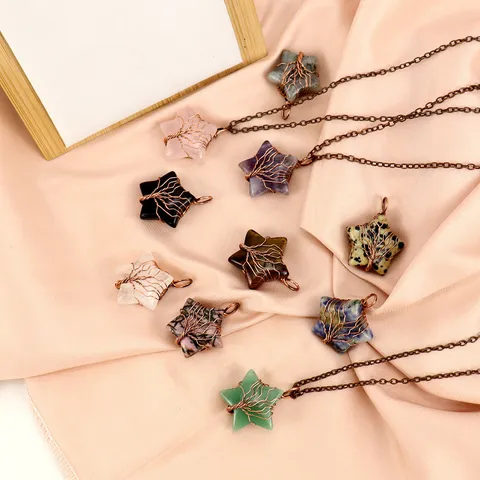 Natural Agate Crystal Star Tree Of Life Wire Wrapped Pendant Necklace Antique Copper Cross Chain Handmade Healing Jewelry For Women
