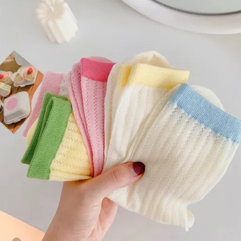 Damen Ins Mode Bonbonfarben Atmungsaktiv Mittelhohe Crew Socken Japanischer Stil Dünn Rippen Kontrastfarben Freizeit Socken