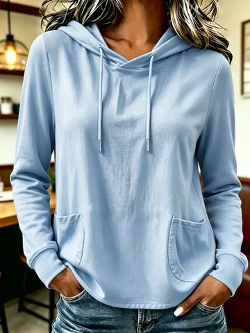 Dames Casual Effen Kleur Hoodie Katoen Lange Mouw Met Voorzak Mode Basic Pullover Voor Dames