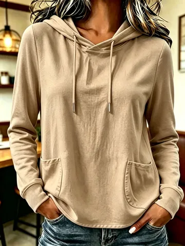 Dames Casual Effen Kleur Hoodie Katoen Lange Mouw Met Voorzak Mode Basic Pullover Voor Dames