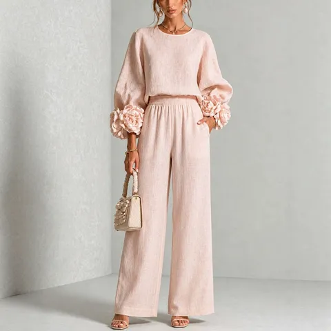 Set Due Pezzi Donna Elegante Top a Maniche Lunghe Con Polsino Floreale 3D e Pantaloni a Gamba Larga Abbigliamento Casual