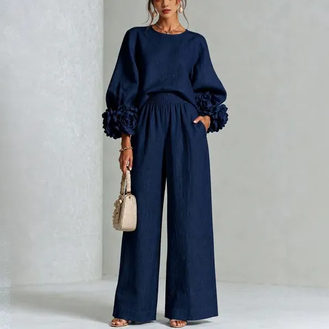 Set Due Pezzi Donna Elegante Top a Maniche Lunghe Con Polsino Floreale 3D e Pantaloni a Gamba Larga Abbigliamento Casual
