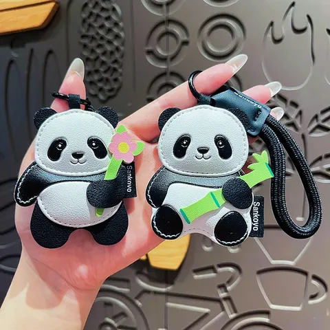Cute Leather Cartoon Panda Keychain Pendant Black White Leather Stitching Animal Car Key Bag Charm Hanging Ornament Gift For Couples Unisex Accessories