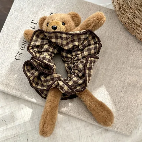 Mignon Ours Chouchou Carreaux Rétro Tartan Dentelle Attache Cheveux Filles Élastique Accessoires Cheveux