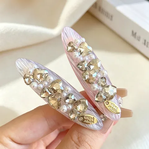 Barrette à Cheveux Perle Strass Luxe Léger Coréen Pince Bec de Canard Douce Accessoires de Cheveux en Résine Géométrique Mode pour Femmes