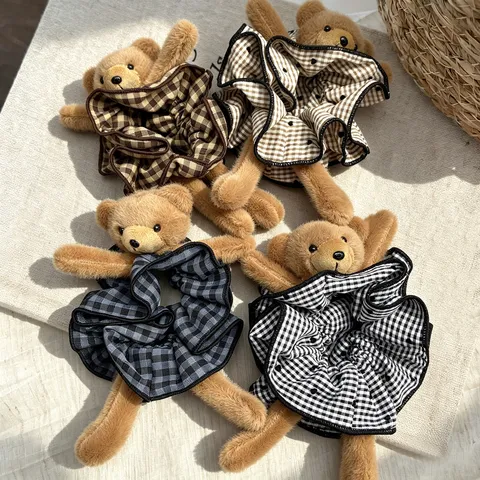 Mignon Ours Chouchou Carreaux Rétro Tartan Dentelle Attache Cheveux Filles Élastique Accessoires Cheveux