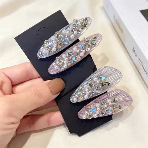 Barrette à Cheveux Perle Strass Luxe Léger Coréen Pince Bec de Canard Douce Accessoires de Cheveux en Résine Géométrique Mode pour Femmes