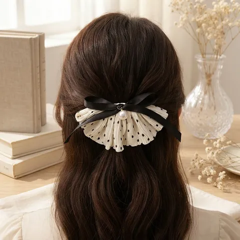 Rétro Doux Nœud Pince à Cheveux Pois Tissu Pince Printemps Avec Perle Artificielle Élégant Accessoire Cheveux Pour Femmes